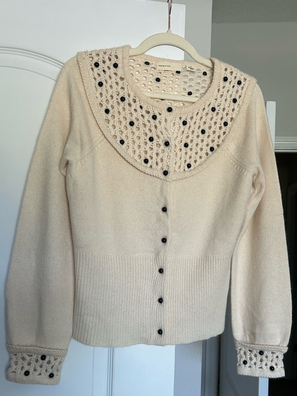 Anthropologie Sleeping on Snow Tea for Two Crochet Yoke Beaded Button Cardigan